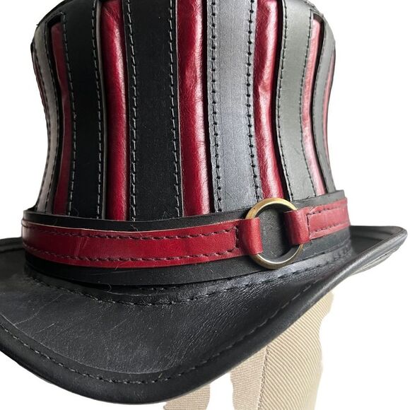 Black and Red Leather Top Hat - The Red Mad Hatter- 22.5” main image 6